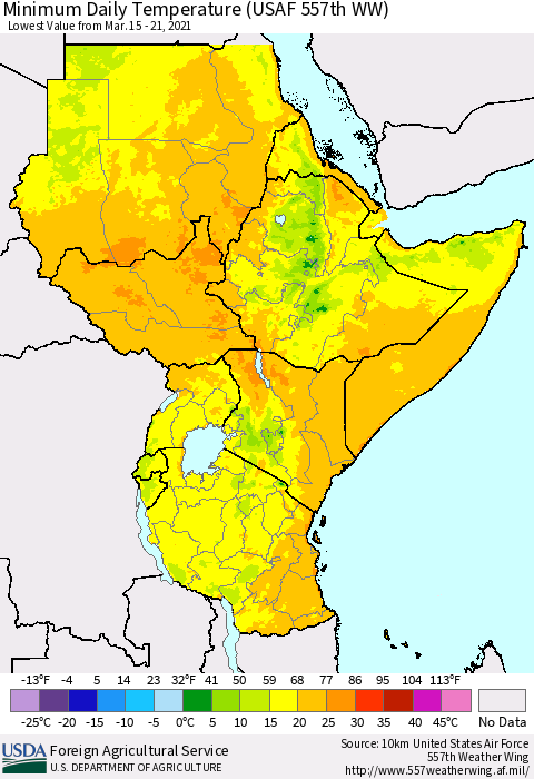 Eastern Africa Minimum Daily Temperature (USAF 557th WW) Thematic Map For 3/15/2021 - 3/21/2021