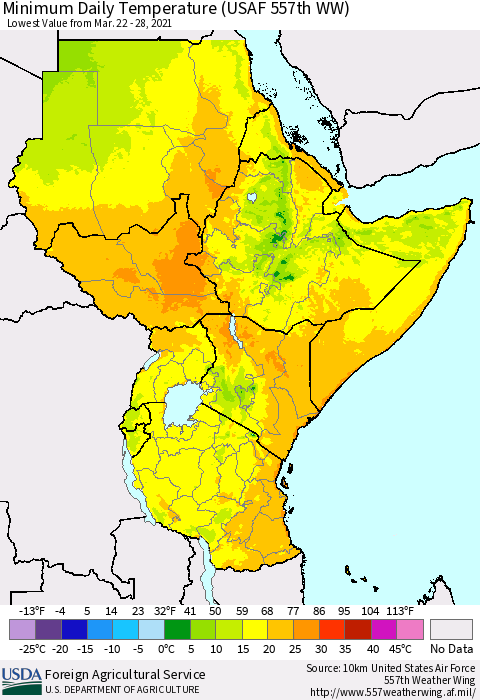 Eastern Africa Minimum Daily Temperature (USAF 557th WW) Thematic Map For 3/22/2021 - 3/28/2021