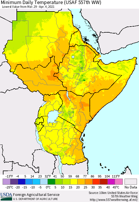 Eastern Africa Minimum Daily Temperature (USAF 557th WW) Thematic Map For 3/29/2021 - 4/4/2021