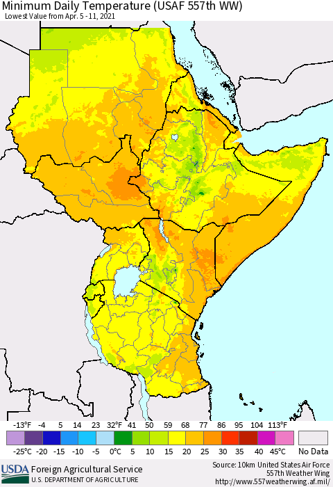 Eastern Africa Minimum Daily Temperature (USAF 557th WW) Thematic Map For 4/5/2021 - 4/11/2021