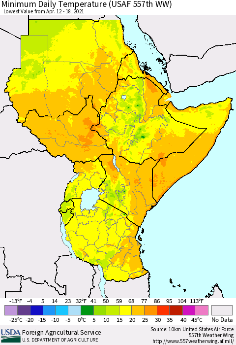 Eastern Africa Minimum Daily Temperature (USAF 557th WW) Thematic Map For 4/12/2021 - 4/18/2021