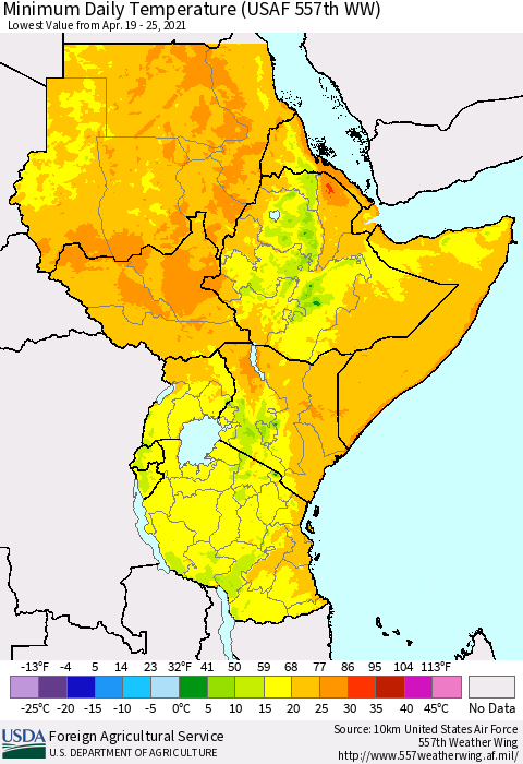 Eastern Africa Minimum Daily Temperature (USAF 557th WW) Thematic Map For 4/19/2021 - 4/25/2021