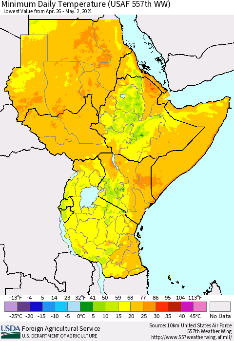 Eastern Africa Minimum Daily Temperature (USAF 557th WW) Thematic Map For 4/26/2021 - 5/2/2021
