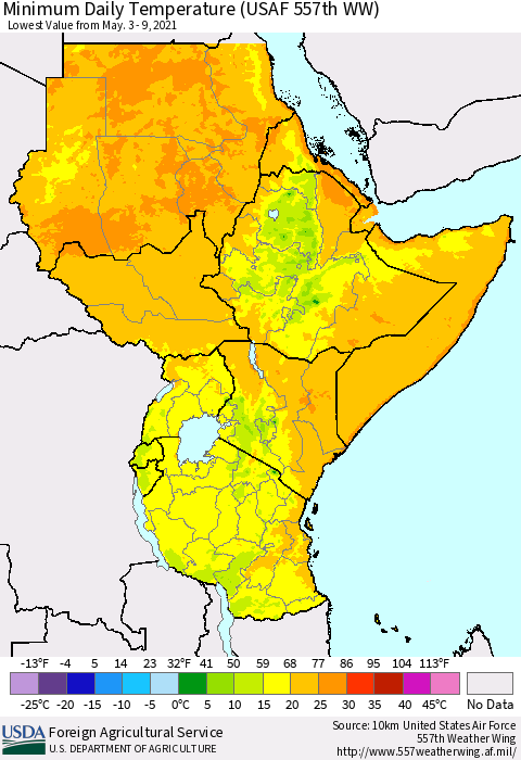 Eastern Africa Minimum Daily Temperature (USAF 557th WW) Thematic Map For 5/3/2021 - 5/9/2021