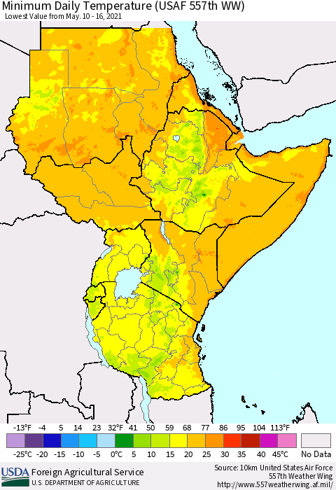 Eastern Africa Minimum Daily Temperature (USAF 557th WW) Thematic Map For 5/10/2021 - 5/16/2021