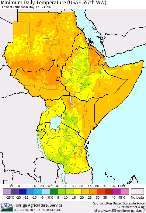 Eastern Africa Minimum Daily Temperature (USAF 557th WW) Thematic Map For 5/17/2021 - 5/23/2021