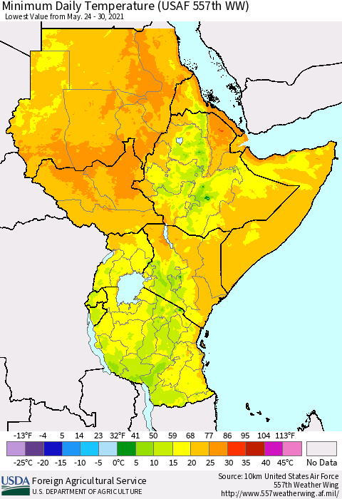 Eastern Africa Minimum Daily Temperature (USAF 557th WW) Thematic Map For 5/24/2021 - 5/30/2021