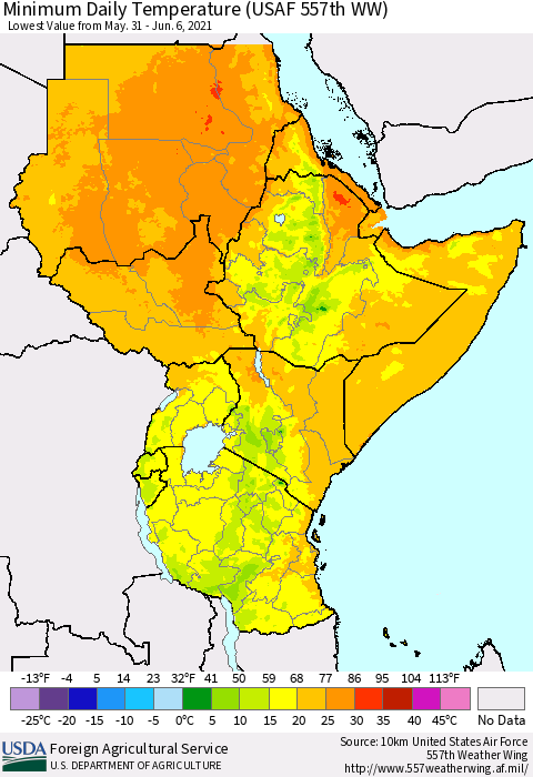 Eastern Africa Minimum Daily Temperature (USAF 557th WW) Thematic Map For 5/31/2021 - 6/6/2021