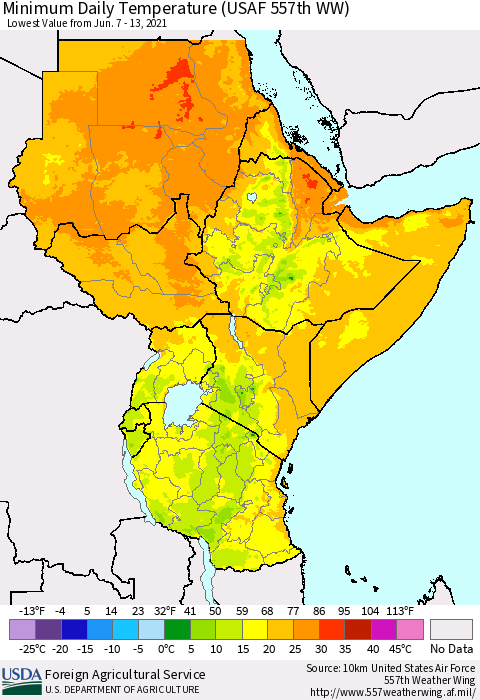 Eastern Africa Minimum Daily Temperature (USAF 557th WW) Thematic Map For 6/7/2021 - 6/13/2021