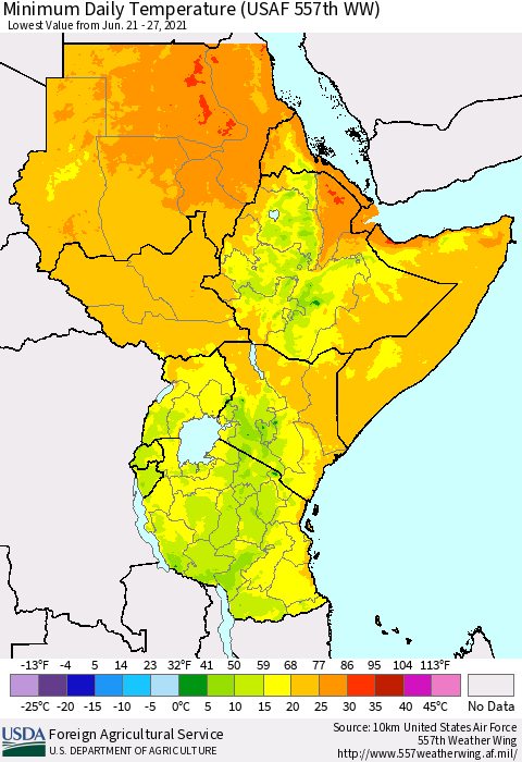 Eastern Africa Minimum Daily Temperature (USAF 557th WW) Thematic Map For 6/21/2021 - 6/27/2021