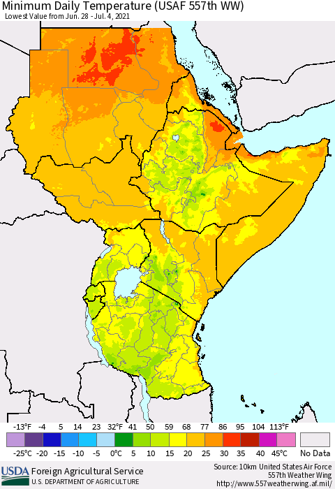 Eastern Africa Minimum Daily Temperature (USAF 557th WW) Thematic Map For 6/28/2021 - 7/4/2021