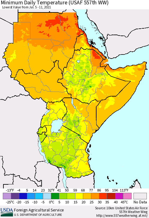 Eastern Africa Minimum Daily Temperature (USAF 557th WW) Thematic Map For 7/5/2021 - 7/11/2021