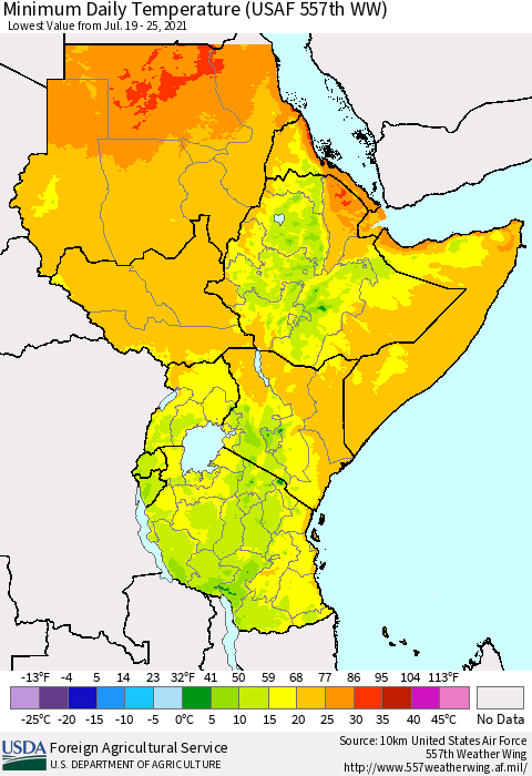 Eastern Africa Minimum Daily Temperature (USAF 557th WW) Thematic Map For 7/19/2021 - 7/25/2021