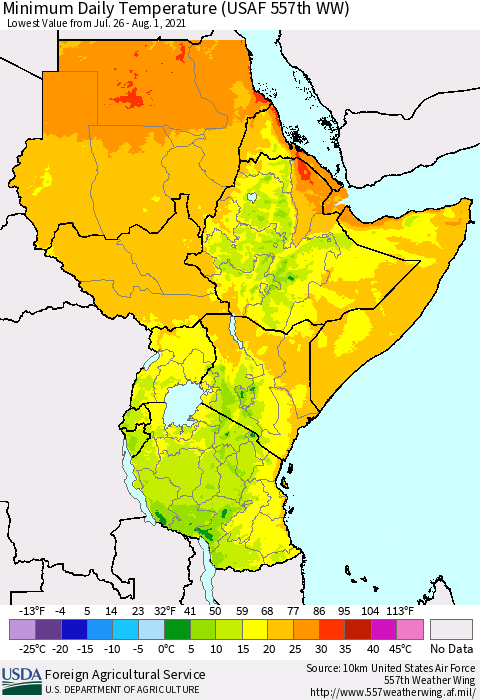 Eastern Africa Minimum Daily Temperature (USAF 557th WW) Thematic Map For 7/26/2021 - 8/1/2021
