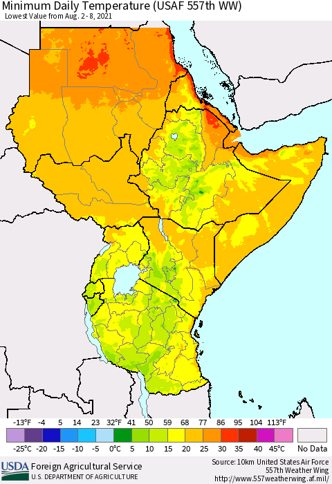 Eastern Africa Minimum Daily Temperature (USAF 557th WW) Thematic Map For 8/2/2021 - 8/8/2021