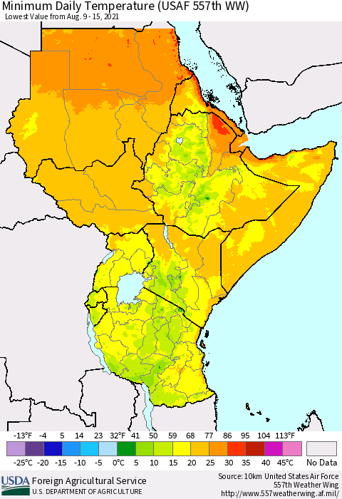 Eastern Africa Minimum Daily Temperature (USAF 557th WW) Thematic Map For 8/9/2021 - 8/15/2021