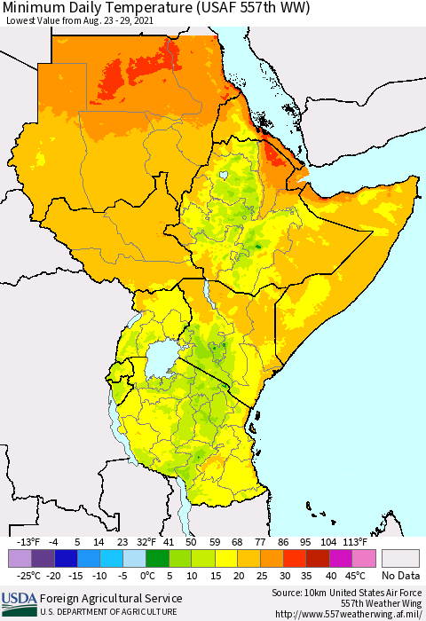 Eastern Africa Minimum Daily Temperature (USAF 557th WW) Thematic Map For 8/23/2021 - 8/29/2021