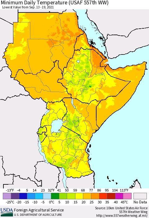 Eastern Africa Minimum Daily Temperature (USAF 557th WW) Thematic Map For 9/13/2021 - 9/19/2021