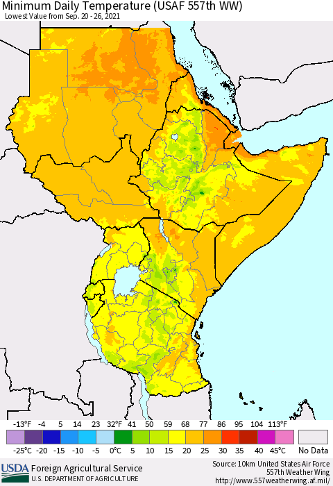 Eastern Africa Minimum Daily Temperature (USAF 557th WW) Thematic Map For 9/20/2021 - 9/26/2021