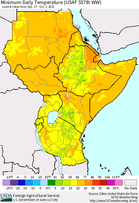 Eastern Africa Minimum Daily Temperature (USAF 557th WW) Thematic Map For 9/27/2021 - 10/3/2021