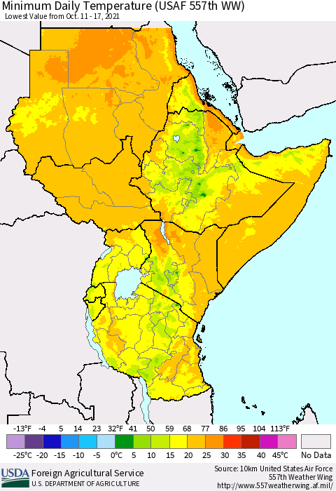 Eastern Africa Minimum Daily Temperature (USAF 557th WW) Thematic Map For 10/11/2021 - 10/17/2021