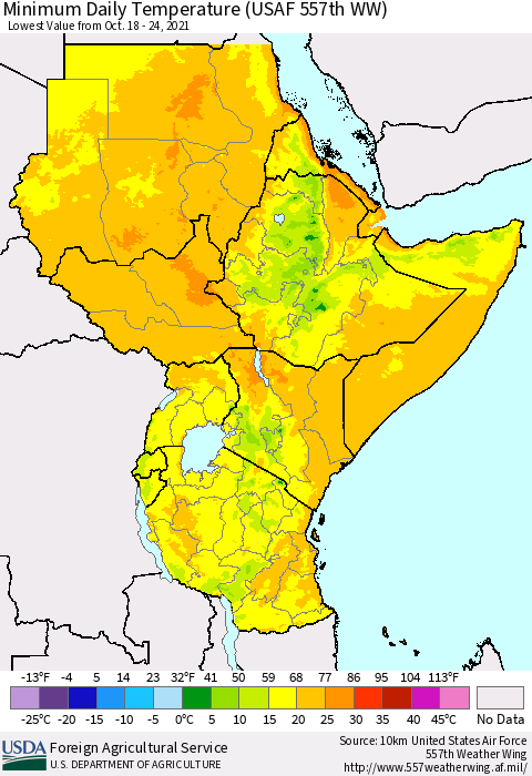 Eastern Africa Minimum Daily Temperature (USAF 557th WW) Thematic Map For 10/18/2021 - 10/24/2021