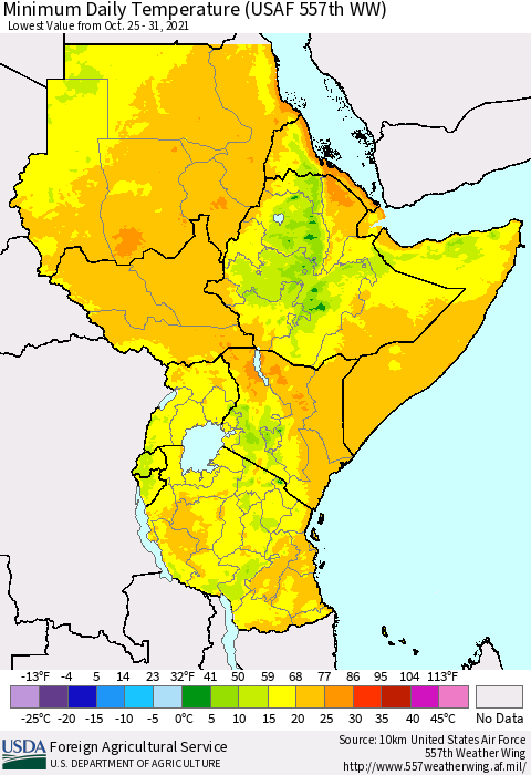 Eastern Africa Extreme Minimum Temperature (USAF 557th WW) Thematic Map For 10/25/2021 - 10/31/2021