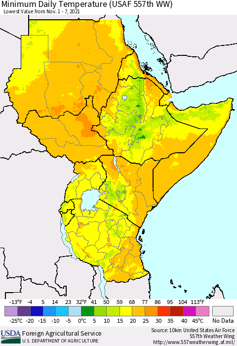 Eastern Africa Minimum Daily Temperature (USAF 557th WW) Thematic Map For 11/1/2021 - 11/7/2021