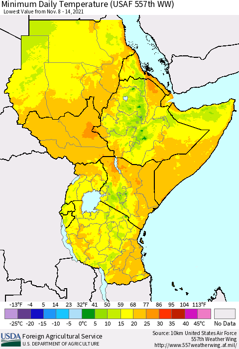 Eastern Africa Extreme Minimum Temperature (USAF 557th WW) Thematic Map For 11/8/2021 - 11/14/2021