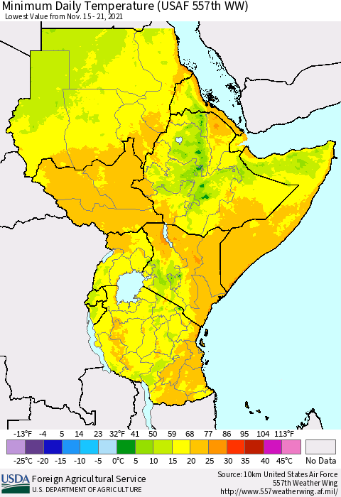 Eastern Africa Minimum Daily Temperature (USAF 557th WW) Thematic Map For 11/15/2021 - 11/21/2021