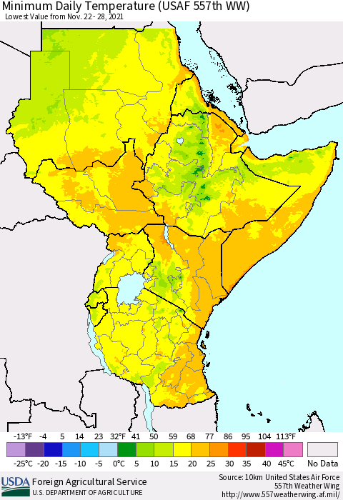Eastern Africa Extreme Minimum Temperature (USAF 557th WW) Thematic Map For 11/22/2021 - 11/28/2021