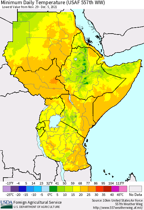 Eastern Africa Extreme Minimum Temperature (USAF 557th WW) Thematic Map For 11/29/2021 - 12/5/2021