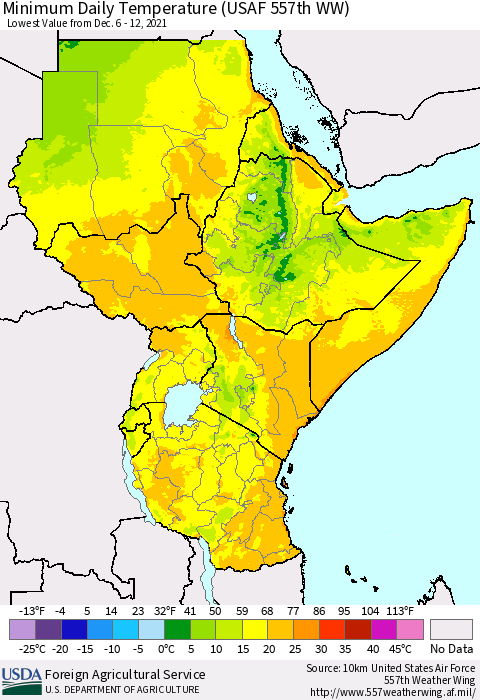 Eastern Africa Extreme Minimum Temperature (USAF 557th WW) Thematic Map For 12/6/2021 - 12/12/2021