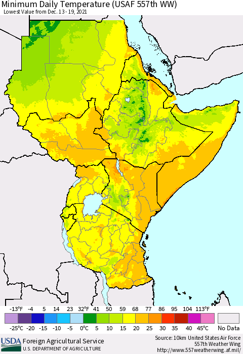 Eastern Africa Minimum Daily Temperature (USAF 557th WW) Thematic Map For 12/13/2021 - 12/19/2021