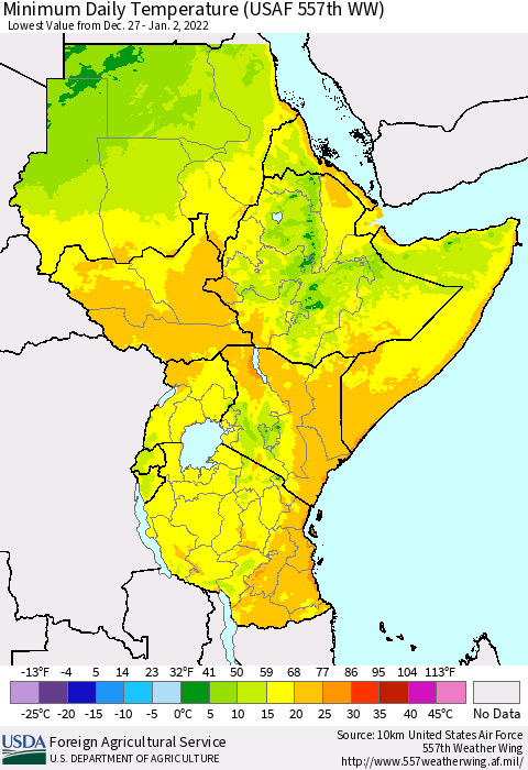 Eastern Africa Minimum Daily Temperature (USAF 557th WW) Thematic Map For 12/27/2021 - 1/2/2022