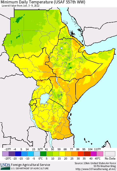 Eastern Africa Extreme Minimum Temperature (USAF 557th WW) Thematic Map For 1/3/2022 - 1/9/2022