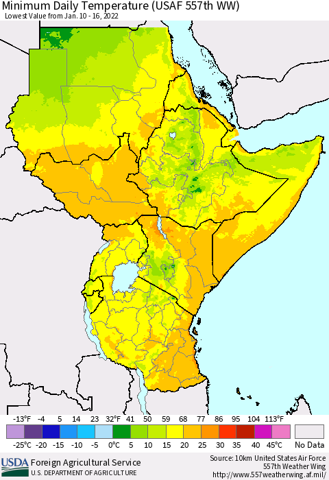 Eastern Africa Extreme Minimum Temperature (USAF 557th WW) Thematic Map For 1/10/2022 - 1/16/2022
