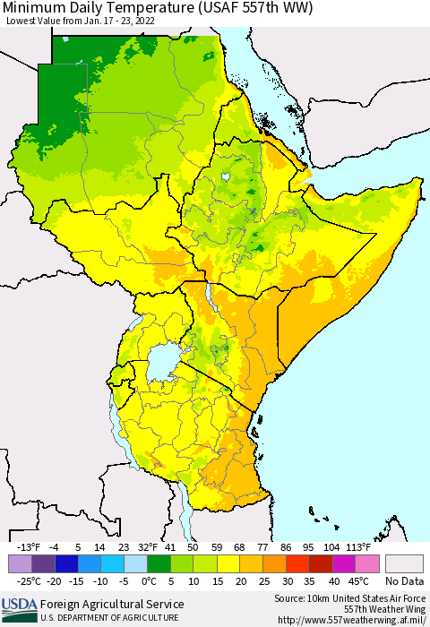 Eastern Africa Minimum Daily Temperature (USAF 557th WW) Thematic Map For 1/17/2022 - 1/23/2022