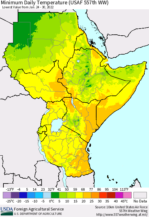 Eastern Africa Minimum Daily Temperature (USAF 557th WW) Thematic Map For 1/24/2022 - 1/30/2022