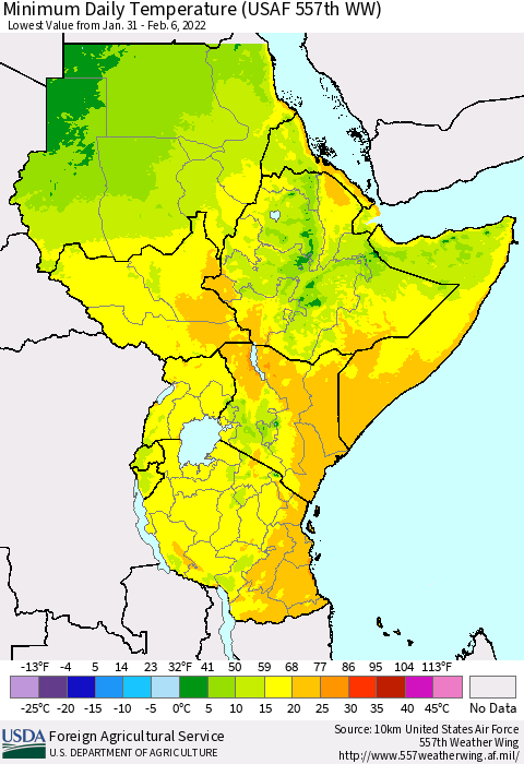Eastern Africa Minimum Daily Temperature (USAF 557th WW) Thematic Map For 1/31/2022 - 2/6/2022