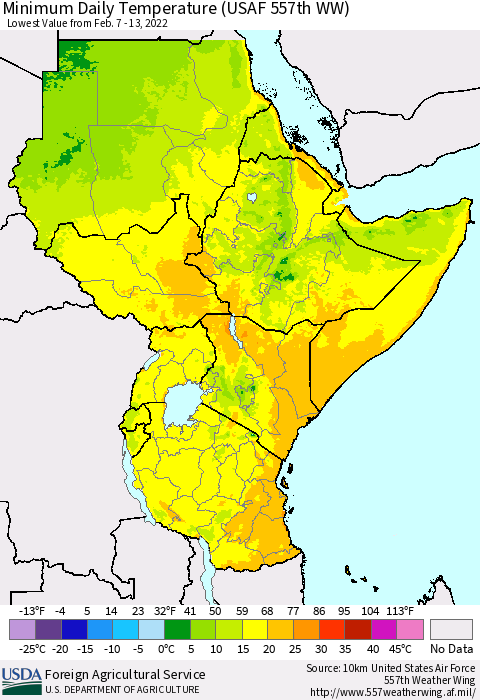 Eastern Africa Minimum Daily Temperature (USAF 557th WW) Thematic Map For 2/7/2022 - 2/13/2022