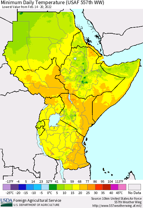 Eastern Africa Minimum Daily Temperature (USAF 557th WW) Thematic Map For 2/14/2022 - 2/20/2022