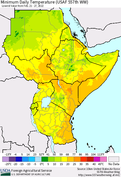 Eastern Africa Minimum Daily Temperature (USAF 557th WW) Thematic Map For 2/21/2022 - 2/27/2022