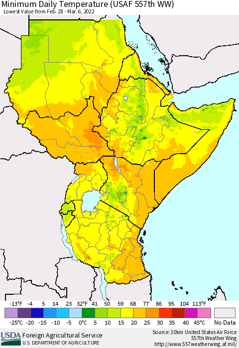 Eastern Africa Minimum Daily Temperature (USAF 557th WW) Thematic Map For 2/28/2022 - 3/6/2022
