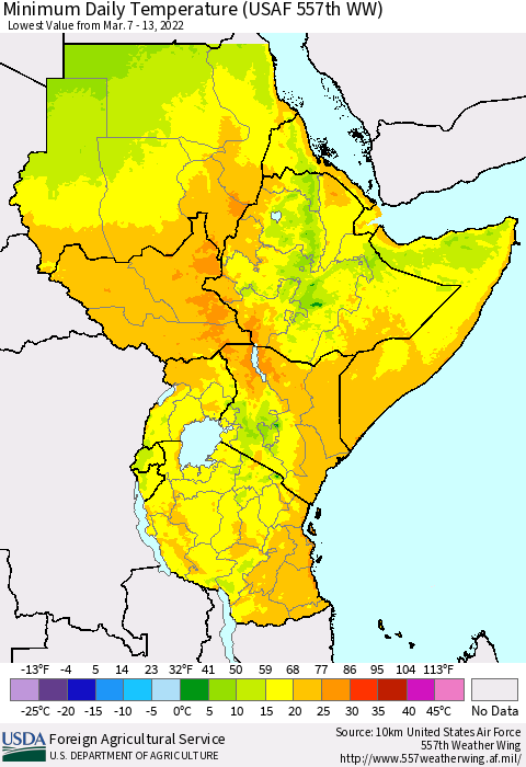 Eastern Africa Extreme Minimum Temperature (USAF 557th WW) Thematic Map For 3/7/2022 - 3/13/2022