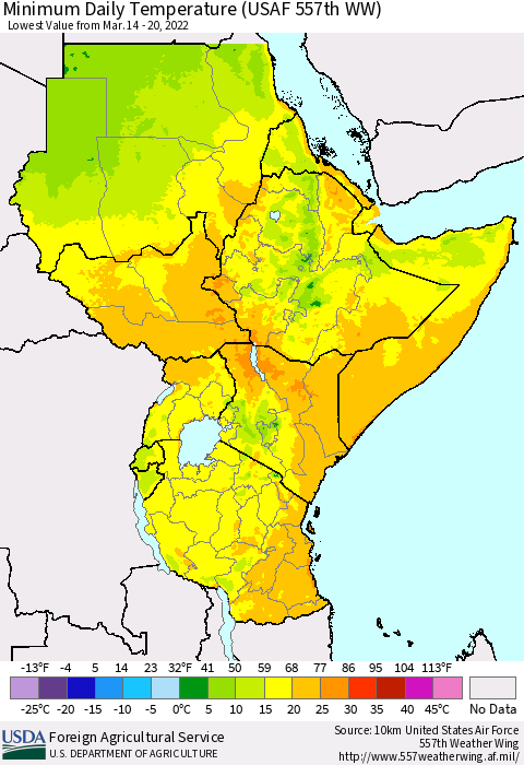 Eastern Africa Minimum Daily Temperature (USAF 557th WW) Thematic Map For 3/14/2022 - 3/20/2022