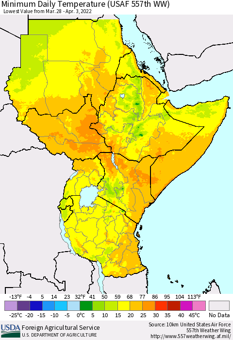 Eastern Africa Extreme Minimum Temperature (USAF 557th WW) Thematic Map For 3/28/2022 - 4/3/2022