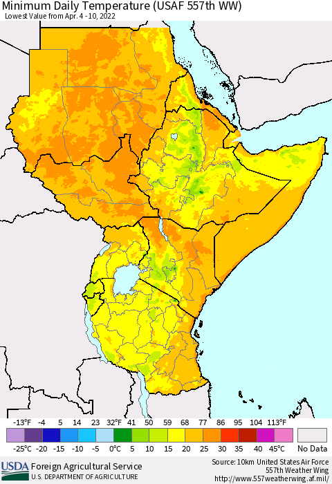 Eastern Africa Minimum Daily Temperature (USAF 557th WW) Thematic Map For 4/4/2022 - 4/10/2022