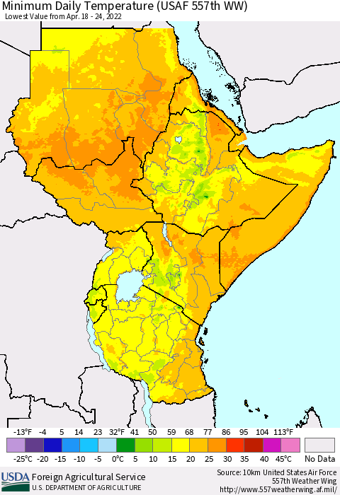 Eastern Africa Minimum Daily Temperature (USAF 557th WW) Thematic Map For 4/18/2022 - 4/24/2022