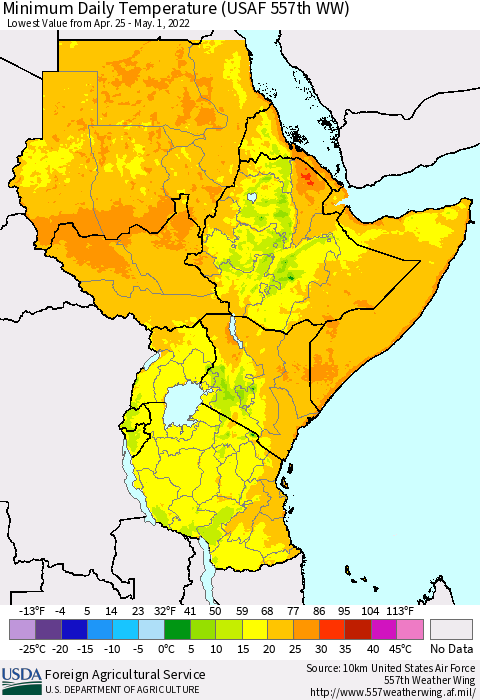 Eastern Africa Minimum Daily Temperature (USAF 557th WW) Thematic Map For 4/25/2022 - 5/1/2022